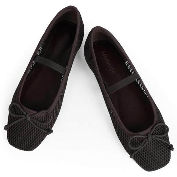 Women\'s Mesh Chocolate Ballet Flats with Bow Ballerina Closed Square Toe Slip on